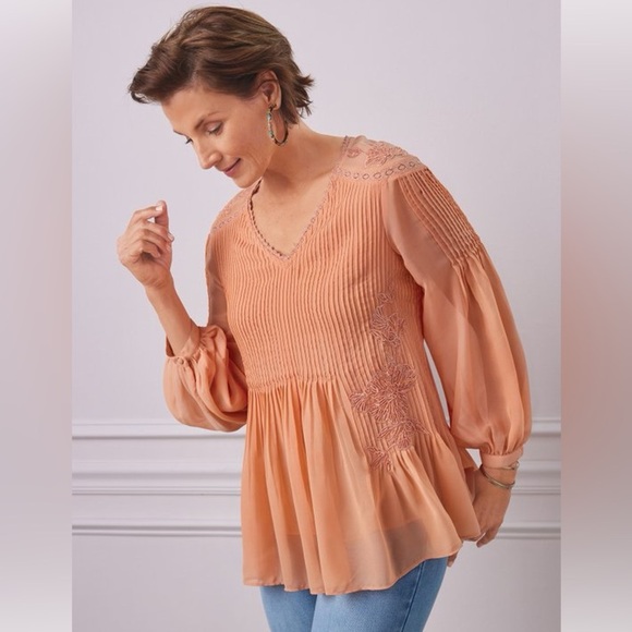 Soft Surroundings Carte Blanche Peach 
Chiffon Sequin Trim Blouse Flowy peasant - Picture 1 of 8